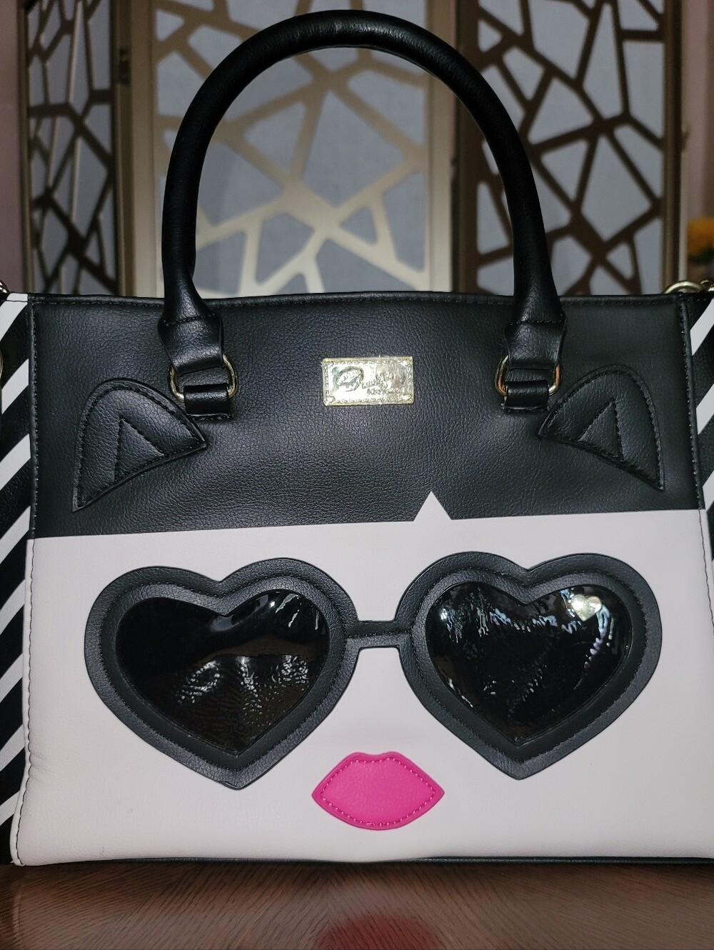 Betsey Johnson Stela Face Satchel with Striped Lining